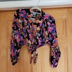 RACHEL Rachel Roy Black and Purple Tie Front Crop Blouse